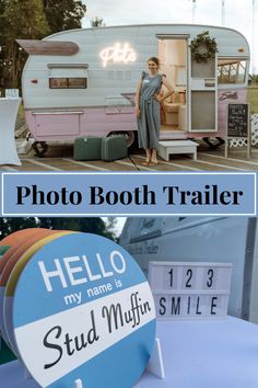 a woman standing in front of a trailer with the words hello my name is