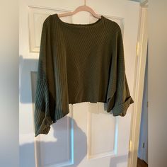 This Sweater Is A Very Loose Fit With Cuffed Sleeves. Depending On Arm Length It May Be A Long Sleeve Or 3/4th Sleeve Green Long Sleeve Patchwork Sweater, Green Soft Knit Long Sleeve Cropped Sweater, Green V-neck Open Knit Sweater, Olive Knit Long Sleeve Sweater, Cozy Green V-neck Sweater, Free People Sweater, Cuff Sleeves, Colorful Sweaters, Scoop Neck