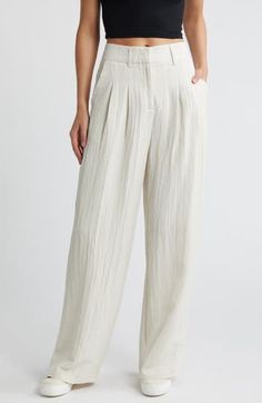 Soft pleats lend graceful movement to these high-waist pants designed with a crinkled texture and flowy wide legs. Zip fly with hook-and-bar closure 55% polyester, 37% viscose, 8% nylon Machine wash, dry flat Imported White Pleated Wide Leg Pants, Wide Leg Bottoms With Folds, Wide Leg Bottoms With Folds For Workwear, Elegant Wide Leg Cream Pants With Elastic Waistband, Elegant Cream Wide Leg Pants With Elastic Waistband, Chic Solid Bottoms With Folds, Chic Bottoms With Folds, Chic Wide Leg Bottoms With Folds, Elegant Off White Wide-leg Bottoms