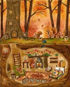 a drawing of a living room in the middle of a forest with trees and animals