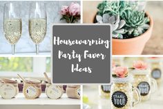 a collage of photos with wine glasses, flowers and other things to put in them