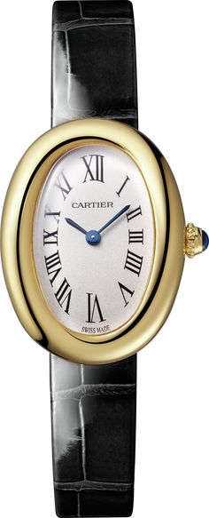 Baignoire de Cartier watch, small model, quartz movement. Yellow gold 750/1000 case. Yellow gold 750/1000 beaded crown set with a sapphire cabochon. Silvered dial, blued-steel sword-shaped hands, sapphire crystal. Varnished black alligator-skin strap, yellow gold 750/1000 ardillon buckle. Dimensions: 31 mm x 23 mm. Thickness: 7 mm. Water-resistant up to 3 bar (approx. 30 metres). Beaded Crown, Sapphire Cabochon, Supreme Bag, Black Alligator, Alligator Skin, Cartier Watch, Discover Card, Blue Steel, Bag Tags