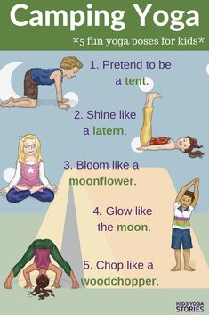 a poster with the words camping yoga written in different languages and pictures of people doing yoga