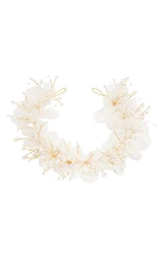 The L. Erickson Elowen Bridal Halo is an elegant bridal headband, featuring flowing white flowers and faux pearl accents set on a flexible gold wire band. The Elowen Halo can be secured using a ribbon or bobby pins behind the ears. This beautiful wedding hair accessory offers a vintage style or boho vibes for any bride.Product Features:- Imported by L. Erickson- Great for most hair types- Flower, wedding accessory- Secure with ribbon or bobby pins- Made of chiffon, metal, & faux pearls- Dimensio Beautiful Wedding Hair, Bridal Halo, Summer Bride, Wedding Accessory, Pearl Cream, Pearl Set, Bridal Headband, Flower Wedding, Gold Wire