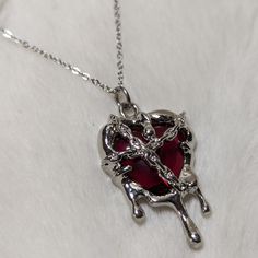 Gothic Heart Shaped Dripping Chain Red Crystal Silver Pendant On A Stainless Steel Chain Necklace Comes On A 16 Inch Stainless Steel Necklace With A Lobster Clasp And 1.5 Inch Extension Chain Goth Silver Jewelry, Silver Goth Jewelry, Ethereal Necklace, Silver Gothic Jewelry, Necklaces Heart, Necklace Red, Blood Jewelry, Red Rose Jewelry, Gothic Necklaces