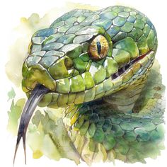 a watercolor painting of a green snake