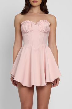 Genoa Corset Flare Mini Dress - Pink. Light Pink Dress Short, Pink Corset Dress, Godet Dress, Cute Short Dresses, Pink Corset, Eve Dresses, Grad Dresses, Flare Mini Dress