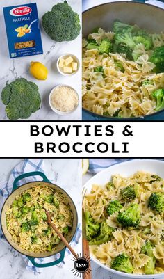 broccoli and noodles are being cooked in a skillet with the ingredients to make bowties and broccoli