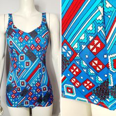 Vintage 1970s swimsuit in a funky red, white, and blue geometric print. Lined, molded cups. Lined in the crotch. Skirted style bottom. Label is St. Michael. Made in the UK. Material content is nylon and elastane. Looks best for a D cup. Tag says it will fit bust of 40" (measures 34" to 40") and hips of 42" (measures 35" and stretches to 42").  Waist is 25" and can stretch to 34".  Shoulder to crotch is 28" and can stretch to 34". Excellent and clean condition - no flaws. *please double check des Retro Blue Printed Swimwear, Retro Blue Lined Swimwear, Retro Fitted Printed Swimwear, Vintage Blue Swimwear For Swimming, Blue Fitted Retro Swimwear, Retro Fitted Blue Swimwear, Fitted Retro Blue Swimwear, Blue Retro Sleeveless Swimwear, Fitted Blue Top With Geometric Pattern