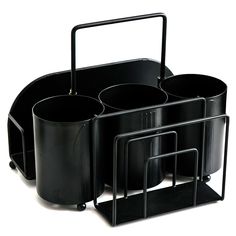 four black plastic containers with handles and dividers on each side, sitting in front of a white background