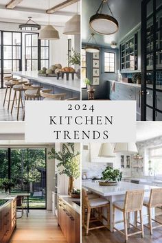 the kitchen and dining room are featured in this collage