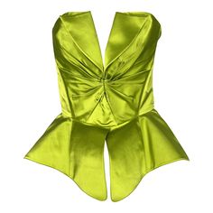 Presenting a chartreuse Thierry Mugler silk satin corset. This absolutely incredible silk corset features a cinched waist and an architectural peplum design. From 1995, this sleeveless strapless top features a v-neckline and lapel-style flaps. The mid-section of this corset features a pleated fitted design made complete with lace-up detail at the back. Shimmery light green fabric juts from the bottom of the corset adding to the exaggerated hourglass shape look. The perfect vintage Thierry Mugler Mugler 1999, Sheer Lace Shirt, Top In Pizzo, Silk Corset, Peplum Designs, Green Corset, Robes Vintage, Chartreuse Green, Satin Corset