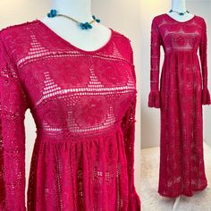 "Vintage 1960s dress / 1960s crochet dress / 1960s crochet maxi dress / 1960s maxi dress / vintage crochet dress   This single owner 1960s  boho crochet dress makes me dream of warm days. She is a magenta crochet flower pattern and is absolutely stunning in person. This dress is the finest quality crochet dress from the 60s I have ever laid my hands on! Please check out all of her photos and honestly these photos do not do her justice! She needs a human to show how gorgeous she is. Measurements Fitted Maxi Dress With Crochet Trim, Fitted Crochet Maxi Dress With Crochet Trim, Bohemian Party Dress With Crochet Trim, Fitted Spring Maxi Dress With Crochet Trim, Fitted Maxi Dress With Crochet Trim For Spring, Lace Crochet Fitted Maxi Dress, Maxi Length Lace Dress With Crochet Trim, Lace Crochet Maxi Length Dress, Fitted Lace Crochet Maxi Dress