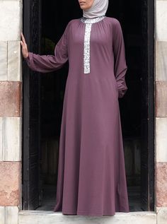 Sequin Neckline Jersey Abaya Elegant Long Sleeve Thobe With Modesty Panel, Burqa Design, Burqa Designs, Sequin Collar, Extra Fabric, Beautiful Hijab, Silver Sequin, Measurement Length, Body Size