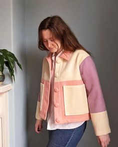 The Margot Jacket... Bon Bon 🍬👀 . This pastel aesthetic beauty is made from 3 different vintage woollen British made blankets and I have enough to make one more! ♻️ . 💜 Size M ready to ship 💜 One available to order (S, M, L) 💜 100% wool . Launching tonight @ 7pm! . #sustainablefashion #slowfashion #circularfashion #upcyclingfashion #upcycling #ecofashion #sustainablymade #oneofakindfashion #oneoffpieces #blanketjacket #handmadeclothing #handmadefashion #daffodilandleek Handmade Jackets For Women, Blanket Pants, Aesthetic Colour, Transitional Jacket, Upcycled Jackets, Vintage Wool Blanket, Jacket For Spring, Blanket Jacket, Wool Blankets