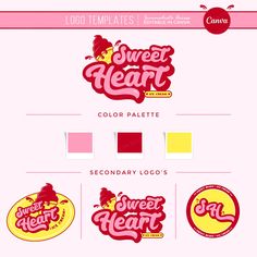 the logos for sweet heart are shown in red, yellow and pink colors on a white background