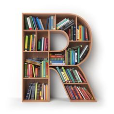 the letter r is made up of bookshelves and letters that spell it out