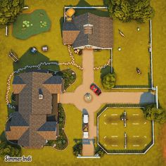 this is an aerial view of a house in the middle of a park with cars parked on it