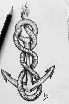 a pencil drawing of an anchor with a crown on it