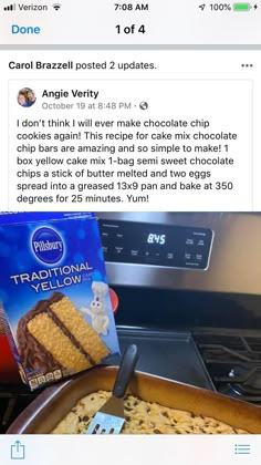 a box of cookies sitting on top of an oven next to a pan filled with cake