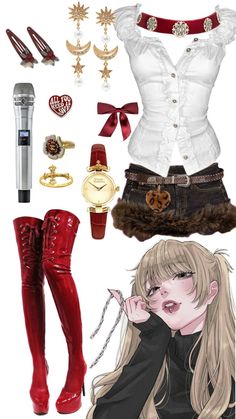 a collage of various items including boots, bracelets and necklaces on a white background