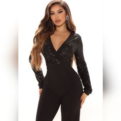 Brand New With Tags Fashion Nova Sequin Jumpsuit In Size Medium. See Picture For Website Description. Black Fitted Jumpsuits And Rompers For Party Season, Elegant Sequined Jumpsuits And Rompers For Club, V-neck Bodysuit For Evening Party Season, Elegant V-neck Jumpsuits And Rompers For Club, Elegant Sequined Bodysuit For Night Out, Elegant V-neck Bodysuit For Party Season, Black Jumpsuit For Party Season, Chic Sequined Bodysuit For Night Out, Black Jumpsuit For Date Night And Party Season