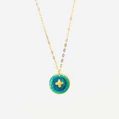 Hand Made Cross Pendant With Turquoise Beading And A 14k Gold Filled Chain. Necklace Measures 16” Length And The Charm Is About 3/4” Blue Medallion Jewelry With Adjustable Chain, Blue Medallion Jewelry For Gifts, Turquoise Pendant Necklace With Clavicle Chain, Blue Turquoise Necklace With Adjustable Chain For Gift, Blue Turquoise Round Necklace For Gift, Blue Turquoise Necklace For Jewelry Making, Blue Jewelry With Adjustable Chain And Round Pendant, Turquoise Medallion Gemstone Necklaces, Turquoise Medallion Gemstone Necklace