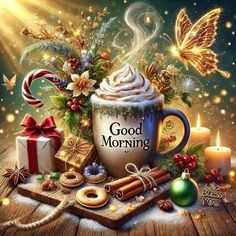 a painting of a cup of coffee surrounded by christmas decorations and candles with the words good morning written on it