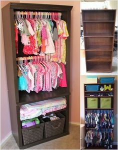 the closet is filled with baby clothes and other things to put in it's storage area