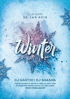 winter party flyer with snowflakes on it