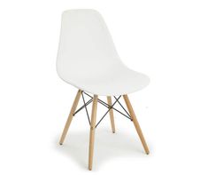 a white plastic chair with wooden legs