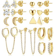 PRICES MAY VARY. 💗OUR GOLD EARRINGS WILL NEVER BE OUT of STYLE: This value pack comes with 10 pairs of different studs earrings, adding a beautiful comprehensive set to your earring collection.Rich in patterns and colors, you will always have a perfect pair that goes with your outfit on various occasions. 💗ASSORTED STYLES HYPOALLERGENIC STUDS: This gold studs earring hoop set is 14k real gold plated, made of environmentally friendly alloy, free of lead and nickel, and hypoallergenic.You don’t Earrings Pack, Gold Huggie Hoop Earrings, Dating Gifts, Cartilage Jewelry, Cartilage Earrings Stud, Heart Shaped Earrings, Hoop Earring Sets, Studs Earrings, Rhinestone Heart