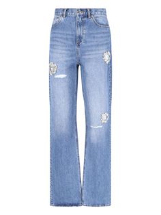 Area crystal detail jeans in light blue cotton, belt loops, button and zip closure, five-pocket design, destroyed details and crystal appliqués, heart-shaped stitching detail on the back, straight leg. Composition: 100% Cotton