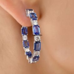 Large Hoop Earrings, Emerald Cut Blue Sapphire And Round Cut White Moissanite Diamond Hoop Earrings, Solid 14k White Gold Wedding Earrings ✹✹𝐖𝐞𝐥𝐜𝐨𝐦𝐞 𝐭𝐨 𝐂𝐫𝐚𝐳𝐲𝐃𝐢𝐚𝐦𝐨𝐧𝐝𝐬𝐂𝐨✹✹ Detail about stones Moissanite & Simulated Stone: ----------------------------- Stone Shape: Round Cut Stone Size: 2.80 mm Weight: 0.80 TCW Color: Colorless Cut: Excellent Clarity: VVS Gemstone : ----------------------------- Type: Sapphire  Stone Shape: Emerald Cut Stone Size: 5X3 mm Weight: 2.90 TCW Color: Blue Cut: Excellent Clarity: VVS ★ 𝑰𝒕𝒆𝒎 𝑫𝒆𝒕𝒂𝒊𝒍𝒔:- ☛ Metal Purity: Solid Gold (10KT, 14KT, 18KT); Silver(925 Sterling, 935 Argentium), 950 Platinum ☛ Metal Tone: Yellow, White, Rose ☛ Stamp/Hallmark: Yes ★ 𝑪𝒖𝒔𝒕𝒐𝒎𝒊𝒛𝒂𝒕𝒊𝒐𝒏:- ☛ Customized Design Jewelry. ☛ All cuts which you d Sapphire Round Hoop Earrings Fine Jewelry, Sapphire Hoop Earrings Fine Jewelry, Fine Jewelry Sapphire Hoop Earrings In White Gold, Elegant Sapphire Hoop Earrings, Blue Hoop Earrings With Prong Setting For Anniversary, Blue Hoop Earrings With Prong Setting, Blue Round Hoop Earrings For Anniversary, Blue Diamond Round Hoop Earrings, Blue Diamond Hoop Earrings