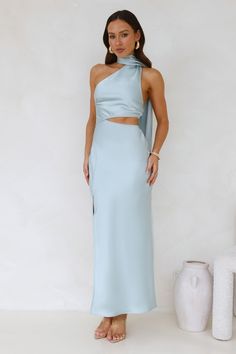 Length from bust to hem of size S: 114cm. Chest 36cm, Waist 32cm, across front only of size S. Midi dress. Semi-lined. Model is a standard XS and is wearing size XS. True to size. Non-stretch. Satin. Neck wrap. Waist cutout. Zipper, hook eye closure. Cold hand wash only. Polyester/Spandex. Lovely, this is the dress you've been searching for. The Francesca Satin Midi Dress features a trending neck wrap design and a waist cutout. Style with heels for a fancy event. Fancy Event, Cutout Style, Dress Sage, Bridal Shower Dress, Shower Dresses, Satin Midi Dress, Halter Maxi Dresses, Kitchen Tea, Neck Wrap