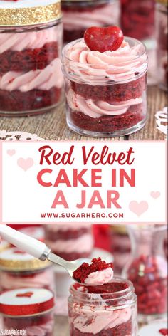 red velvet cake in a jar with pink frosting