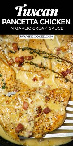 pancetta chicken in garlic cream sauce with text overlay