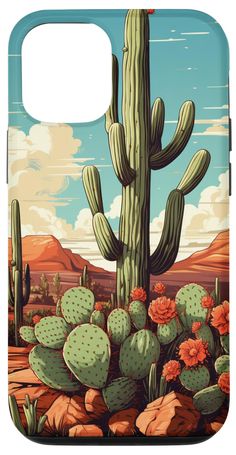 a phone case with a cactus and flowers in the desert, on a blue background