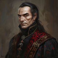 a painting of a man with long black hair wearing a red and gold outfit, looking at the camera