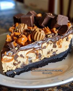 a piece of chocolate peanut butter pie on a white plate with caramel and chocolate toppings