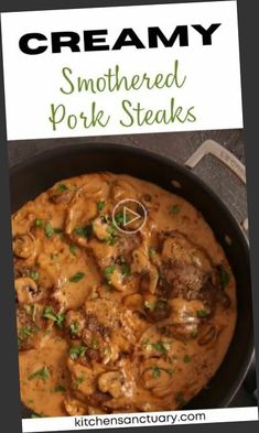 a skillet filled with meat covered in gravy and garnished with parsley