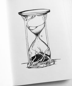 a drawing of an hourglass with sand flowing through it and roots in the bottom