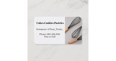 business card with two kitchen utensils on the front, and an orange handled whisk on the back