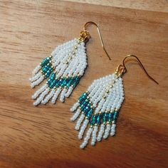 Handmade Beaded Minimalist Earrings, Turquoise, White & Gold Beaded 1.5 Inch Bundle And Save Open To Reasonable Offers Package & Shipped W/ Care! Please Refer To Pictures For Details Before Purchase Color May Appear Slightly Different From Photos Due To Lighting Reach Out If Any Questions Short Beaded Earrings, Earrings Patterns, Beaded Fringe Earrings, Beaded Earrings Patterns, Earrings Turquoise, Beaded Fringe, Earring Patterns, Gold Drop Earrings, Fringe Earrings