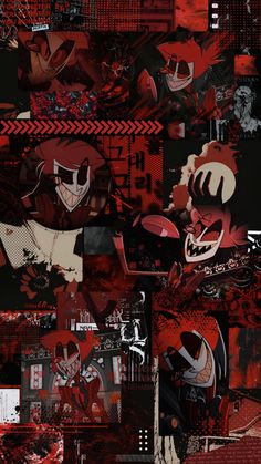 a collage of red and black images with different shapes, sizes, and colors