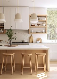 two stools are in front of the kitchen island