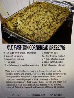 an old fashion cornbread dressing recipe is shown in this advertiser's brochure