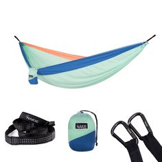 an image of a hammock set up with straps and other items to use