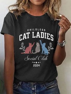 Affordable price buy T-shirts on Lilicloth.com, SPU: 1W61KT-70D88F, Color: Black Light Gray Blue Deep Gray, Sleeve Length:Cap Sleeve, Thickness:Regular. Summer Text, Text Letters, Buy Tshirts, Deep Gray, Social Club, Christmas Dress, Cat Lady, Casual Tops, Cap Sleeves