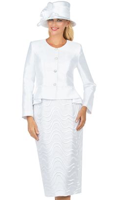 2pc Silk Look Ladies Church Suit With Peplum And Lace Embroidered Skirt  Mia By Giovanna Church Suits And Dresses Fall And Holiday 2023. Perfect item for church events or any special occasions. Elegant Fitted Satin Sets, Fitted Satin Suits For Spring, Spring Formal Satin Sets, Fitted White Satin Sets, White Fitted Satin Sets, Classic Embroidered Wedding Sets, Fitted Satin Suit With Long Sleeves, Fitted Long Sleeve Satin Suit, Fitted Sets For Church In Spring